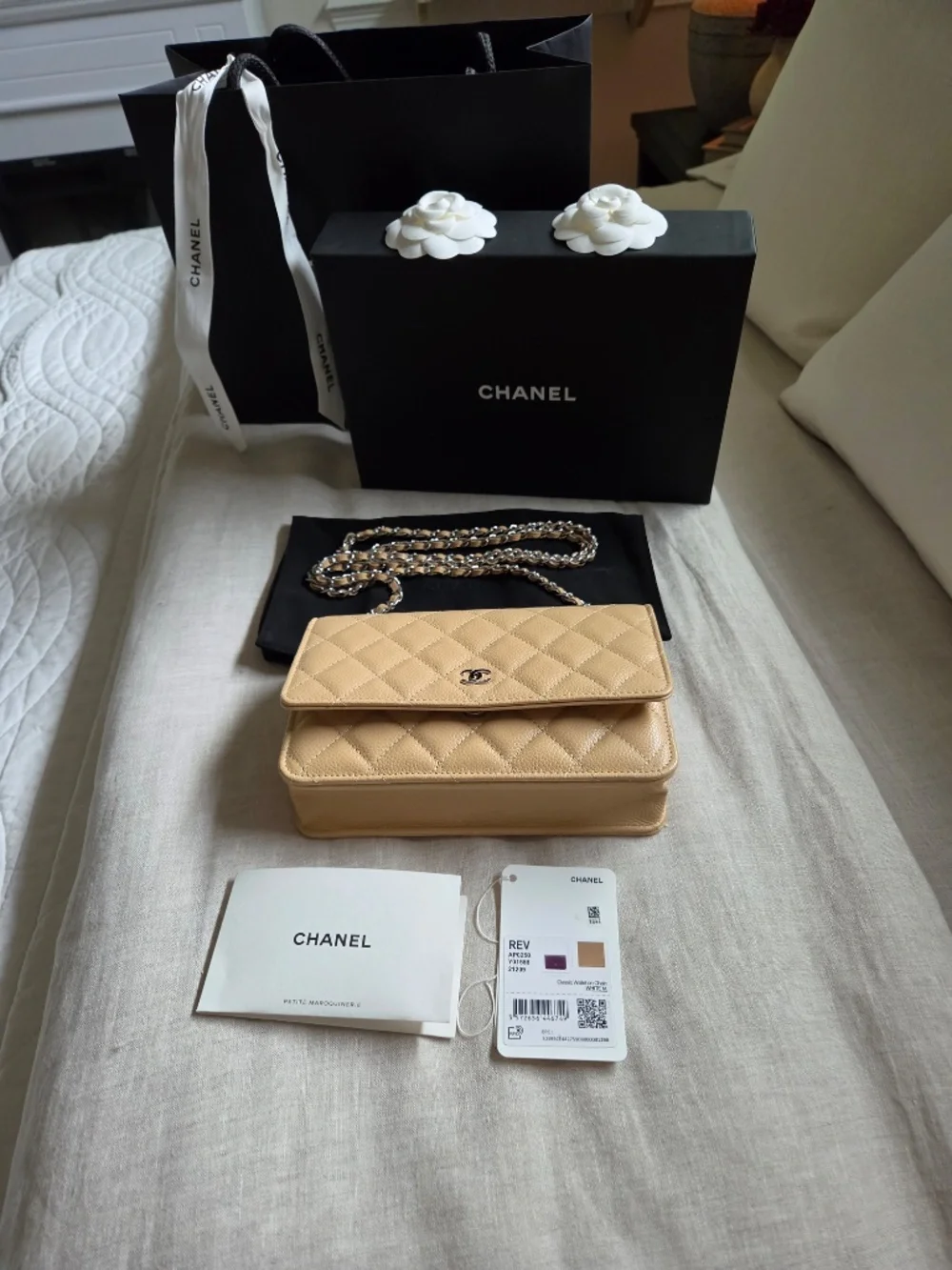 CHANEL Classic Wallet on Chain WOC Beige Caviar Silver Hardware